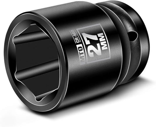 MTO 1/2" Drive 27mm Shallow Impact Socket, 6-Point Metric Socket, CR-MO Steel & Anti-Corrosion Coating for Tight Spaces and Heavy-Duty Tasks