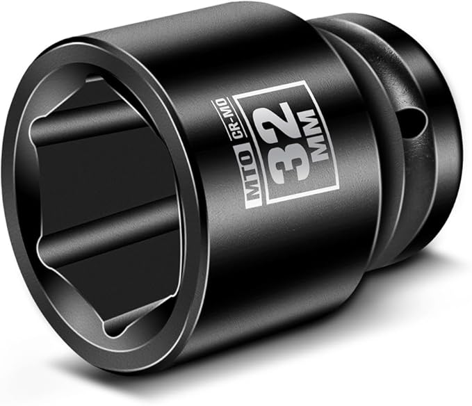 MTO 1/2" Drive 32mm Shallow Impact Socket, 6-Point Metric Socket, CR-MO Steel & Anti-Corrosion Coating for Tight Spaces and Heavy-Duty Tasks