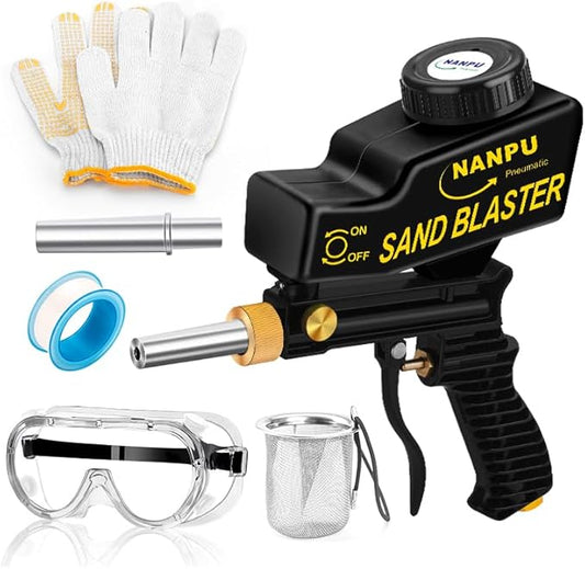 NANPU Light-Duty Air Sandblaster Gun Kit with Gravity Feed, Metal Nozzle, Plastic Body, for Small Project Surface Prep, Paint & Rust Removal, Metal/Wood/Glass Etching, Requires Air Compressor