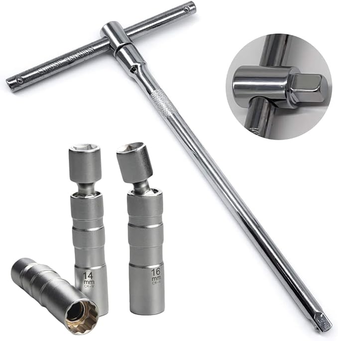 QISF 14MM & 16MM Swivel Extension Spark Plug Socket Thin Wall Magnetic 12-Point Removal Tool + 3/8-Inch Drive Sliding T bar Torque Spanner Extension Kit 10inch/25cm to Most Confined Areas
