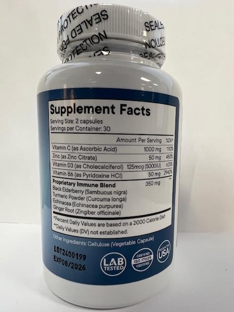 NEW AGE 8 in 1 Immune Support Booster Supplement with Echinacea, Vitamin C and Zinc 50mg, Vitamin D 5000 IU, Turmeric Curcumin & Ginger, B6, Elderberry 60 Count (Pack of 1)
