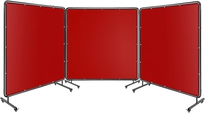 3 Panel 6x6 FT Vinyl Welding Screen with Frame, Flame-Resistant PVC Welding Curtain with Lockable Swivel Wheels, Transparent Welding Screen Panel for Welding Safety, Red