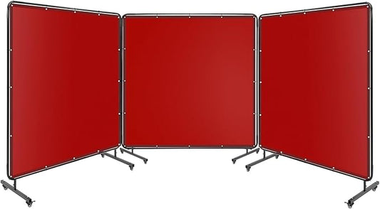 3 Panel 6x6 FT Vinyl Welding Screen with Frame, Flame-Resistant PVC Welding Curtain with Lockable Swivel Wheels, Transparent Welding Screen Panel for Welding Safety, Red