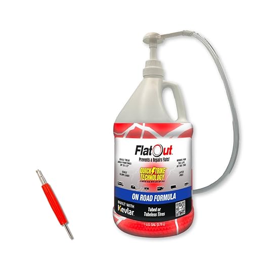 FlatOut QuickStrike On Road Tire Sealant - New Formula - Prevents Flat Tires - Seals Leaks - Contains Kevlar - Tubeless Tire Sealant - 1 Gallon + Tool