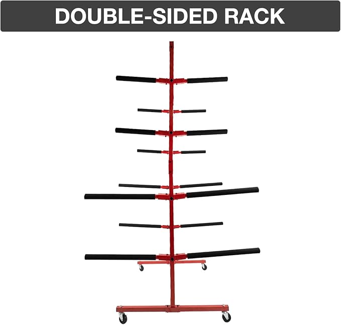 biosp Double Sided Mobile Bumper Storage Rack Floor-Standing with Lockable Wheels, Store and Organize 6 Painted Bumpers, Length Adjustable, Automobile Parts Accessories, 41.02''D x 49.29''W x 80''H