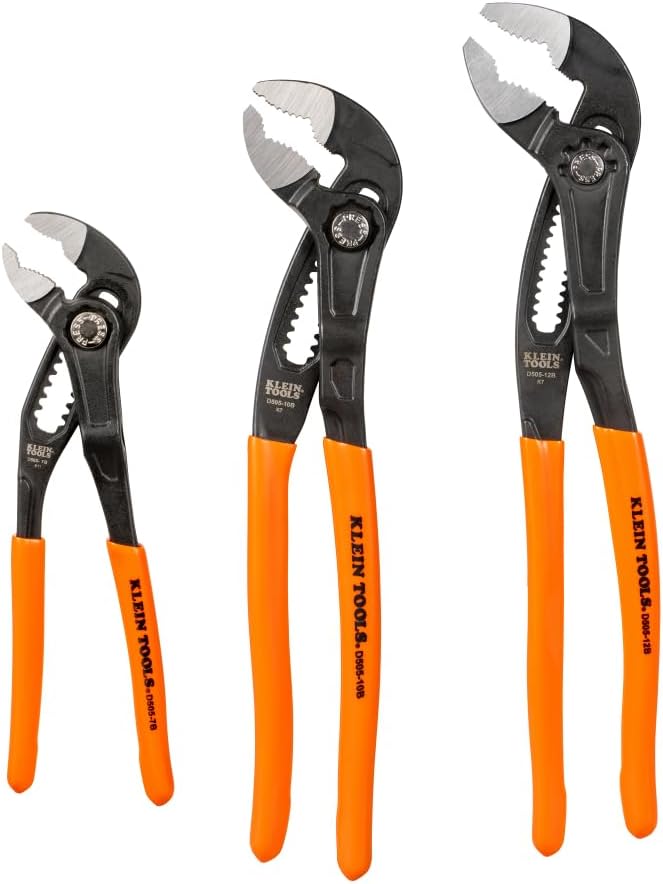 Klein Tools D5053BKIT 3-Piece Adjustable Pliers, Quick-Adjust Klaw Pump Pliers Set, 7-Inch, 10-Inch, and 12-Inch, Compact Design with V-Jaw and Hardened Teeth for Maximum Torque