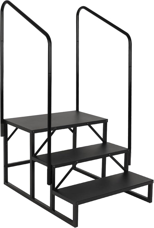 LUCKUP 3 Step RV Stairs with Handrails- Non Slip Hot Tub Steps Portable Mobile Home Stairs for RV, Travel Trailer, Camper Outdoor (Black)