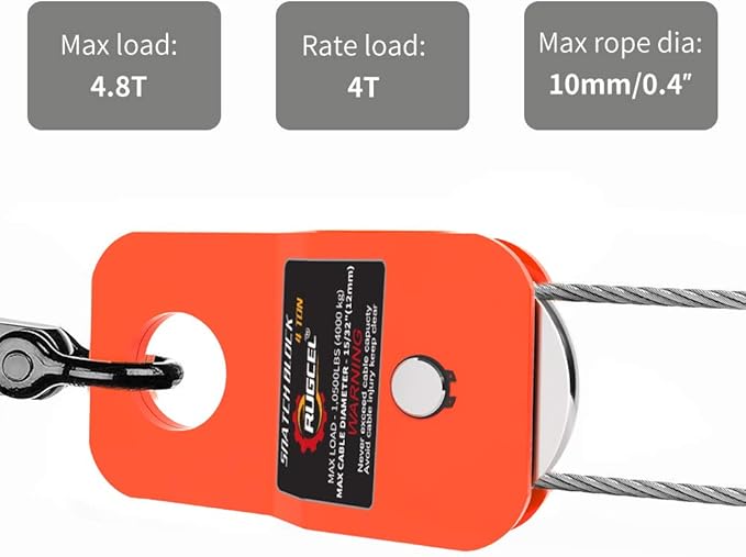 RUGCEL WINCH 4.8T Heavy Duty Recovery Winch Snatch Block,10500lb Capacity (Orange),Towing Pulley System for Synthetic Rope or Steel Cable