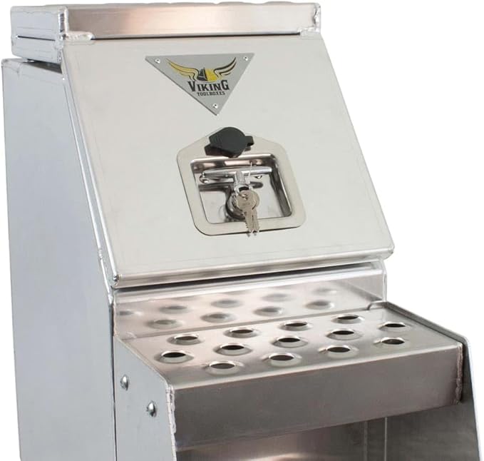 Mytee Products 24.5"x28.4"x15" Aluminum Side Mount Semi Truck Tool Box with Saddle Step Open Wide Design & T-Handle Latch Lock - Heavy Duty Weather Tight Step Tool Box for Flatbed Trailer