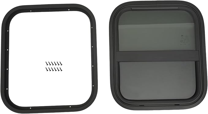 RV Window, 14" X 16" Universal RV Window Vertical Slide W/Trim Ring, Vertical Sliding Glass Window with Screen Window for Cargo, Horse Trailer, Marine Camper Window Replacement (14”x16”)