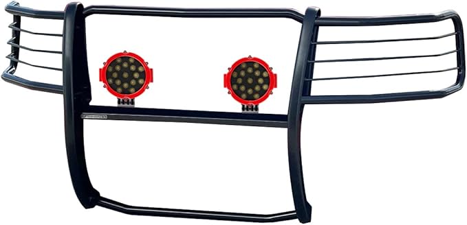 Black Horse Grille brush Bumper Guard Modular Black Come With pair of 7.0"Dia.LED Lights with Red Trim Rings Compatible with 2004-2008 Ford F-150-17FP28MA-PLR