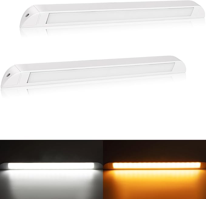 Raycharm 20" RV & Marine Boat LED Awning Porch Utility Light Fixture, 40° Down Angle, Amber/White Beam, 12V/24V DC, Waterproof IP67, Plastic Housing White Finish, 2-Pack