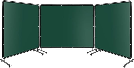 3-Panel 8x6ft Flame-Resistant Welding Screen with Lockable Wheels - Transparent PVC Welding Curtain & Steel Frame, Green Safety Partition for Workshops/Garages