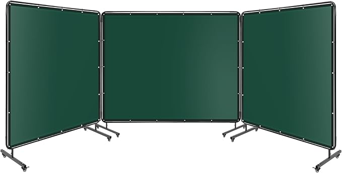 3 Panel 8x6 FT Vinyl Welding Screen with Frame, Flame-Resistant PVC Welding Curtain with Lockable Swivel Wheels, Transparent Welding Screen Panel for Welding Safety, Green