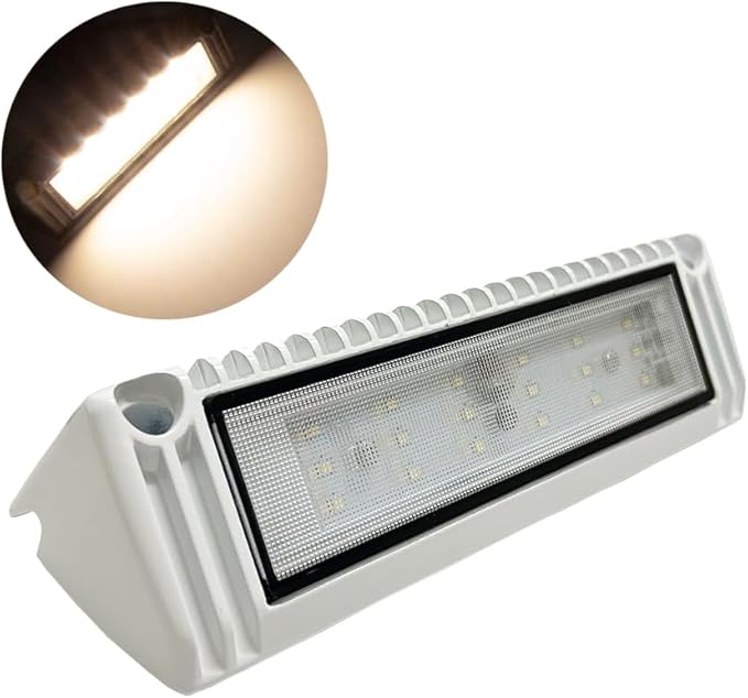 RV LED Porch Exterior Utility Lights, 9 inch Down Angle Flood Beam Awning Light, 3000K Warm-White 12V/24V DC 1800 Lumen, White Finish Aluminum Housing, for RVs Trailers Campers, 1 Pack