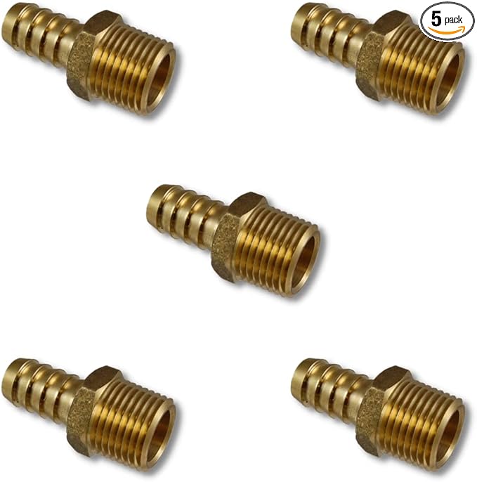 1/2" Hose x 3/8" NPTF Male Pipe Thread Brass Barb Connector Fitting (5-PACK) | 102-0806C