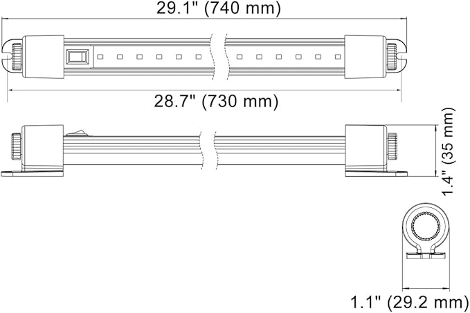 Raycharm LED Interior Light Fixture 29.1" Compact Size, 6000K Cool-White Even Diffused Beam, 180° Rotating Versatile Mounting Feet, 12V/24V DC, Integrated On/Off Rocker Switch for RV Camper, 1-Pack
