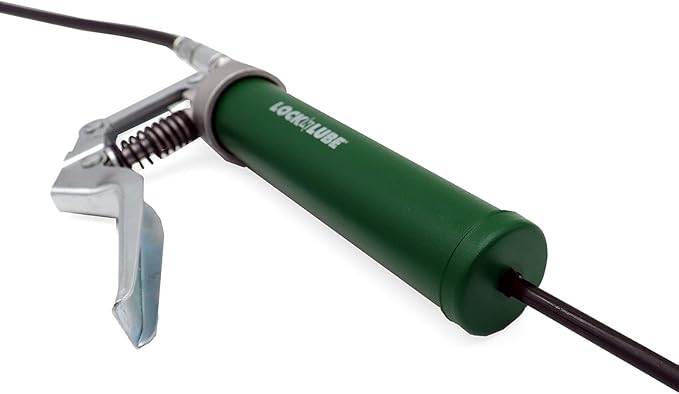 LockNLube Mini Grease Gun Kit. Includes Our Patented Grease Coupler (Locks on, Stays on, Won't Leak!) Plus a 12 Hose and in-line Hose Swivel.