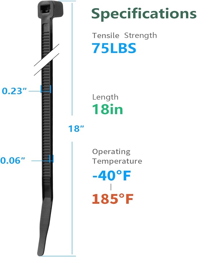 100PCS 18 inch Black Zip Ties Heavy Duty, 75LBS Tensile Strength, Self-Locking Heavy Duty UV Resistant Cable Ties for Indoor and Outdoor Use