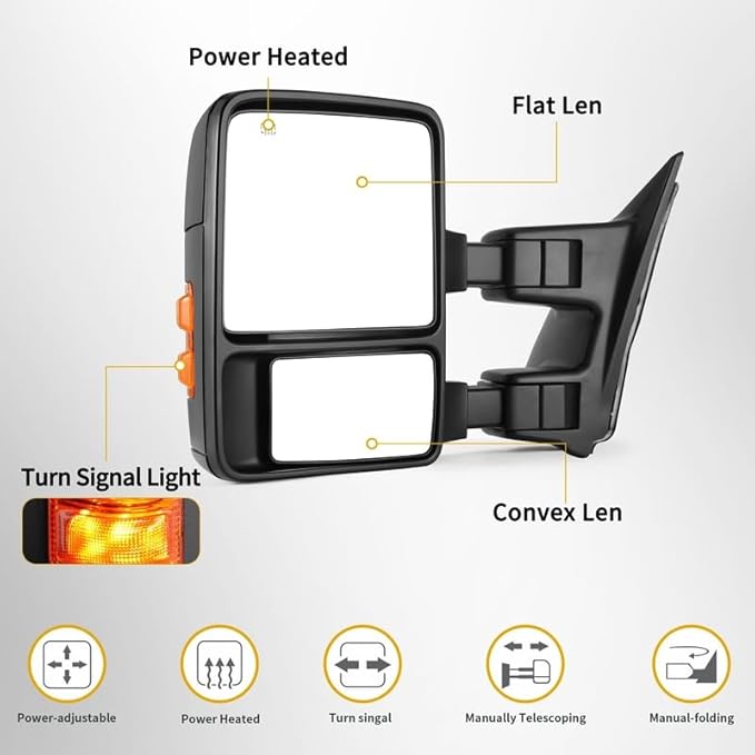 DWVO Tow Mirrors Compatible with 1999-2007 Ford F250 F350 F450 F550 Super Duty & 2000-2005 Excursion, 2-Piece of Towing Mirrors with Amber Turn Signal & Power Heated, Folding Side Mirror, Direct Fit
