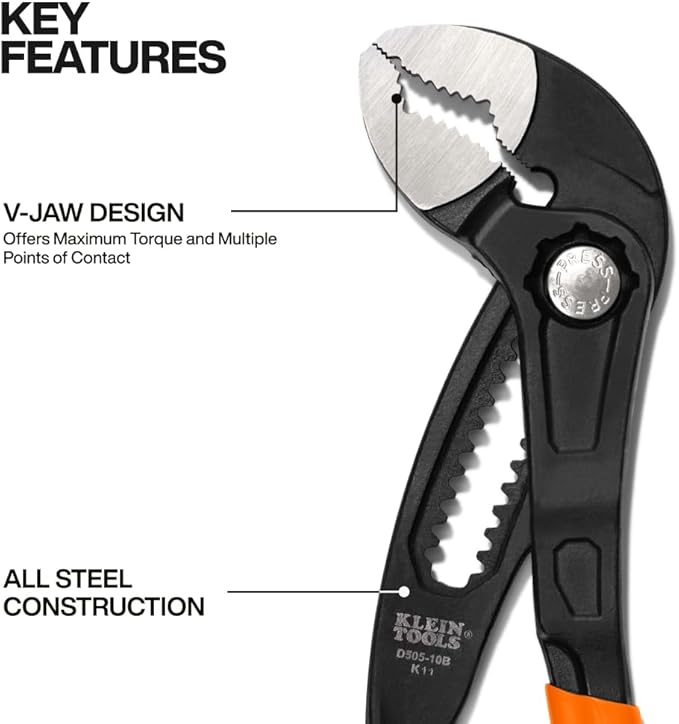 Klein Tools D50510B 10-Inch Adjustable Pliers, Quick-Adjust Klaw Pump Pliers, V-Jaw, Hardened Teeth for Maximum Torque