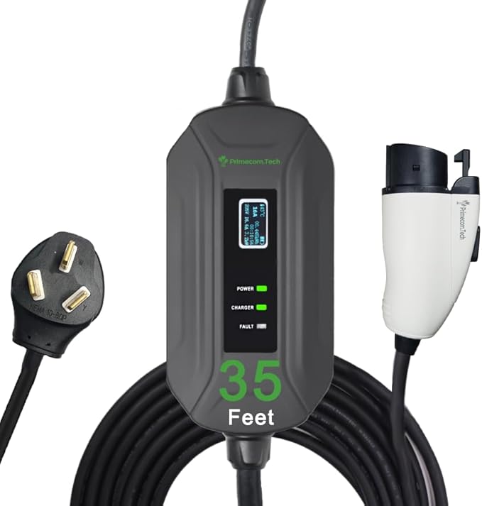 PRIMECOM Level 2 Electric Vehicle (EV) Charger (220V / 240Volt, 16Amp) Portable EVSE Smart Electric Car Charger, 30', 40', and 50 Feet Lengths (NEMA 10-50P, 35 Feet)