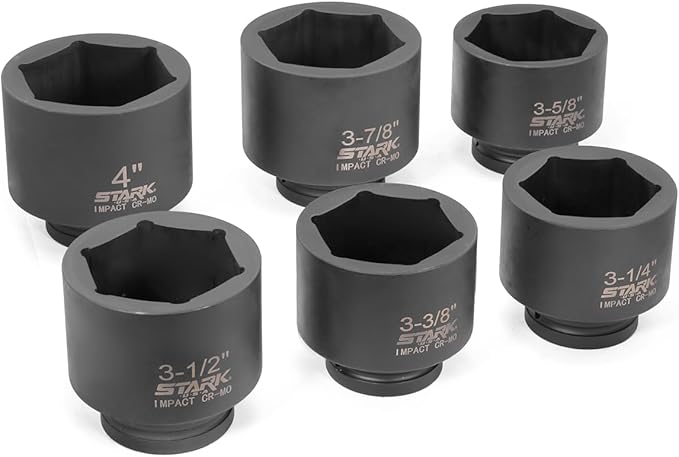 Stark USA 1" Drive Jumbo Shallow Impact Socket Set Spindle Axle SAE Sockets 6-Piece (3-1/4" - 4") Cr-Mo Steel Removing And Installing Axle Nuts