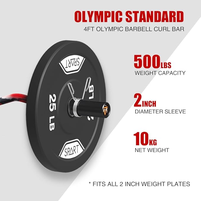 Olympic EZ Curl Bar, 47INCH/4FT Strength Training Curling Bar with Knurled Grip, Chrome Finish, Copper Sleeve Barbell for 2-inch Weight Plates, 500 LBS Capacity
