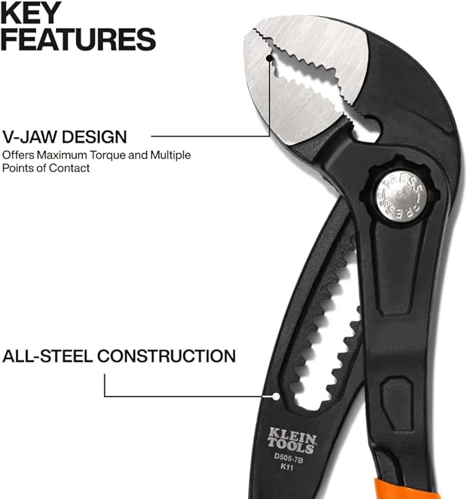Klein Tools D5057B 7-Inch Adjustable Pliers, Quick-Adjust Klaw Pump Pliers, Compact Design with V-Jaw and Hardened Teeth for Maximum Torque