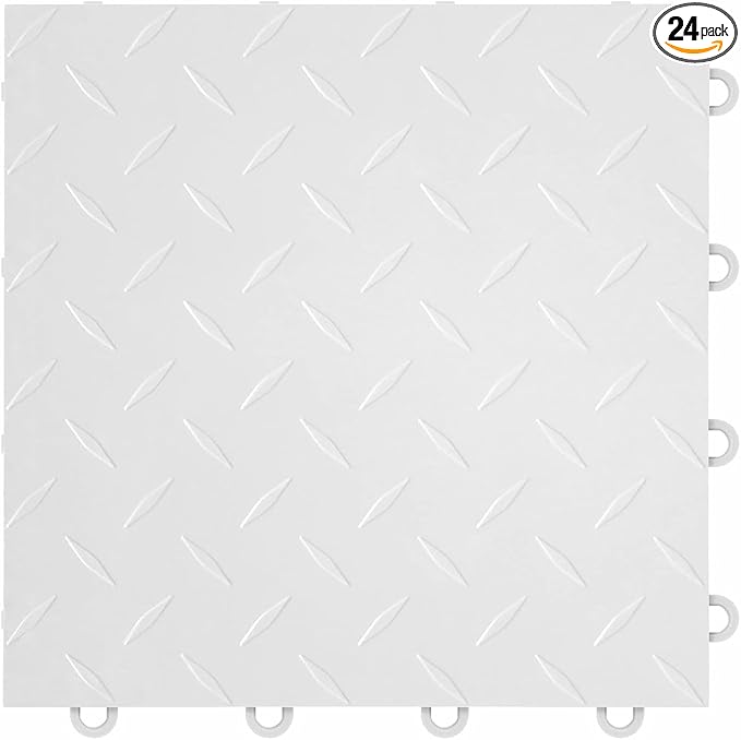 FlooringInc's Nitro 12"x12" Snap-Together Garage Flooring Tiles, Non-Slip Interlocking Plastic Garage Floor Mat, Garage Organization & Garage Storage, Diamond Pattern, Arctic White, 24 Tiles, 24 Sq/Ft