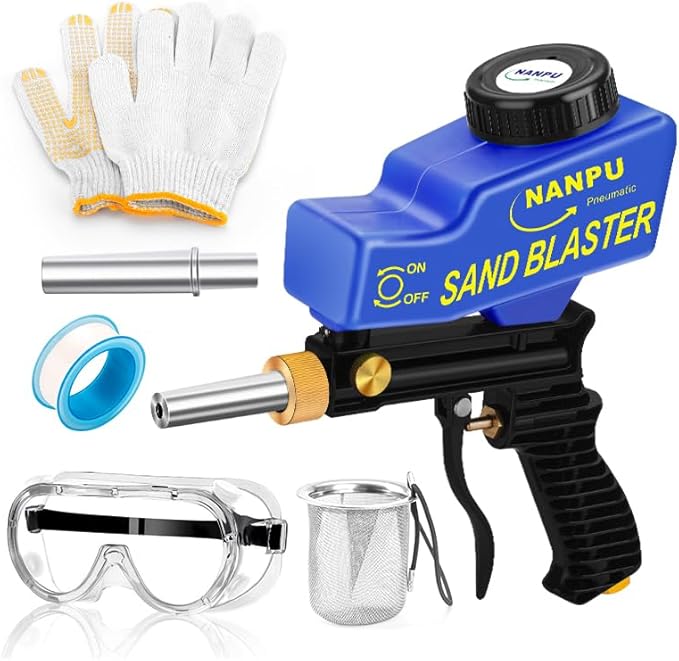 NANPU Light-Duty Air Sandblaster Gun Kit with Gravity Feed, Metal Nozzle, Plastic Body, for Small Project Surface Prep, Paint & Rust Removal, Metal/Wood/Glass Etching, Requires Air Compressor