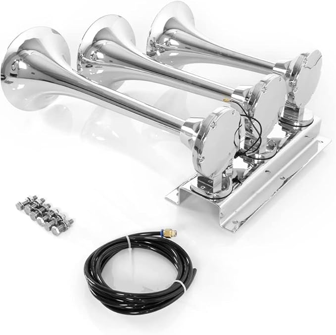 12V/24V Universal Truck Air Horn Kit, 16.5" Big Chrome Train Horn with 150dB Loud Sound, 3 Trumpet Horns for Car, Boat, Truck