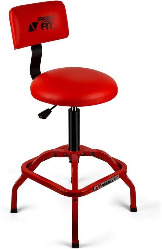 Shop Stool with Backrest, Mechanic Garage Stool for Workshop, Adjustable Shop Stools Chair, Padded Workbench Stools for Men Women, 300 LBS Capacity, 360° Swivel PVC Seat, Heavy Duty, Red