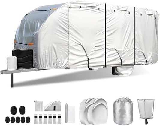 Travel Trailer RV Cover,300D RV Cover 35-38 ft Travel Trailer RV Cover Windproof Waterproof Rip-Stop Camper Cover with Jack Cover 4 Tire Covers and Gutter Covers,Utility Trailer Cover Silver