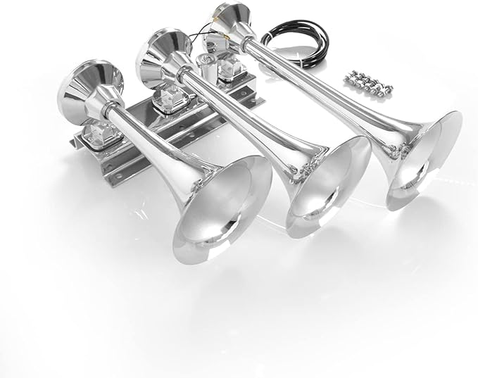 12V/24V Universal Truck Air Horn Kit, 16.5" Big Chrome Train Horn with 150dB Loud Sound, 3 Trumpet Horns for Car, Boat, Truck