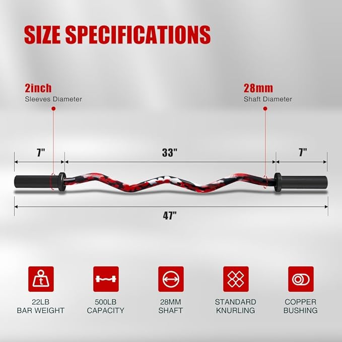 Olympic EZ Curl Bar, 47INCH/4FT Strength Training Curling Bar with Knurled Grip, Chrome Finish, Copper Sleeve Barbell for 2-inch Weight Plates, 500 LBS Capacity