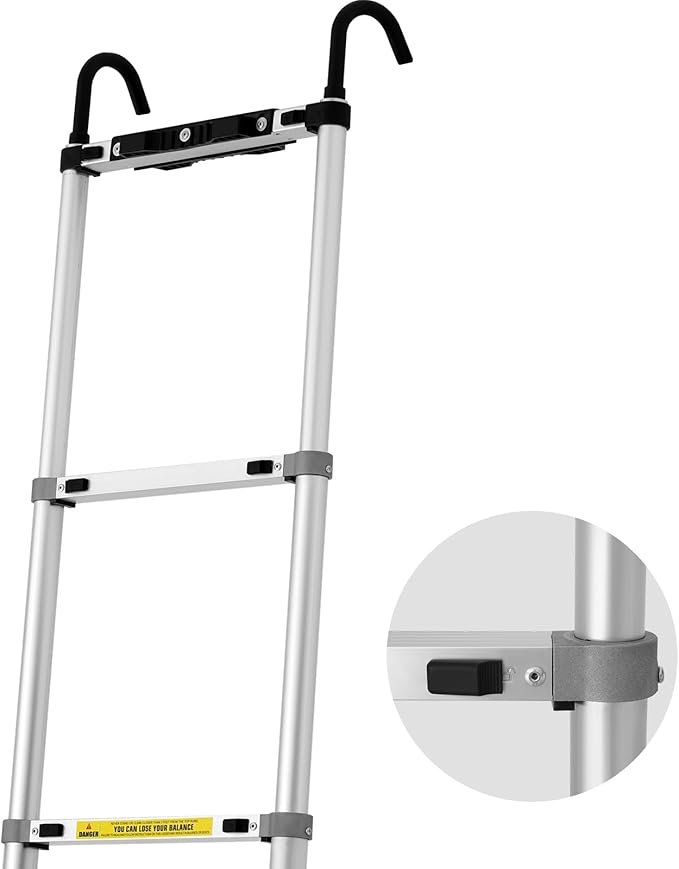15 FT Aluminum Telescoping Ladder with Hooks, Extension Ladder with Reinforced Alloy Joints, 400 lbs Load Capacity with Non-Slip Feet, Compact Portable for Home, RV, Attic and Roof Use