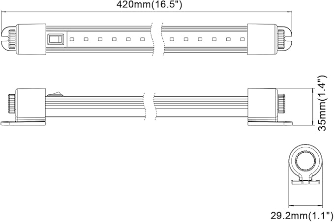 Raycharm LED Porch Light Fixture 16.5" Slim Size, 6000K Cool-White Even Diffused Beam, 180° Rotating Versatile Mounting Feet, 12V/24V DC, Integrated On/Off Rocker Switch for RV Trailer, 1-Pack