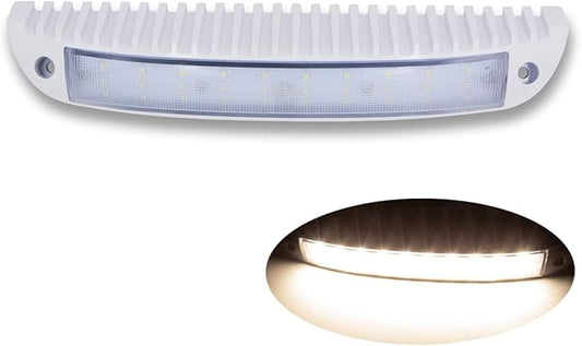 Raycharm 9.1" RV & Boat Low-Profile LED Awning Light Fixture, 40° Down Angle Focused Flood Beam, 3000K Warm-White, High Light-Output Low Ampere, Wateproof White Finish, 12V/24V, 1-Pack