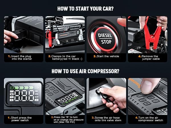 Povasee Jump Starter with Air Compressor 5000A Portable Jump Box up to 9L gas/8L Diesel,inflates Tires to 150PSI 12V Car Battery Jumper Starter