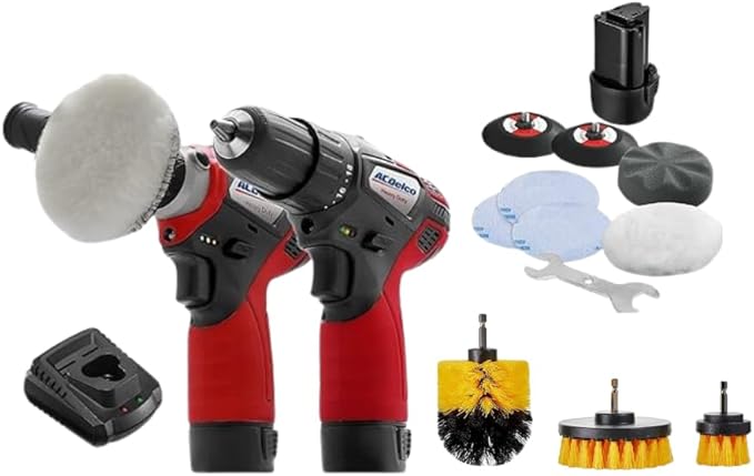 ACDelco Cordless Car Buffer Polisher kit, 2 x 12V Batteries, 2 Variable Speed & Accessory, Mini Polisher Tool Set, Drill Driver, Scratch Removing, Polisher+Drill Driver