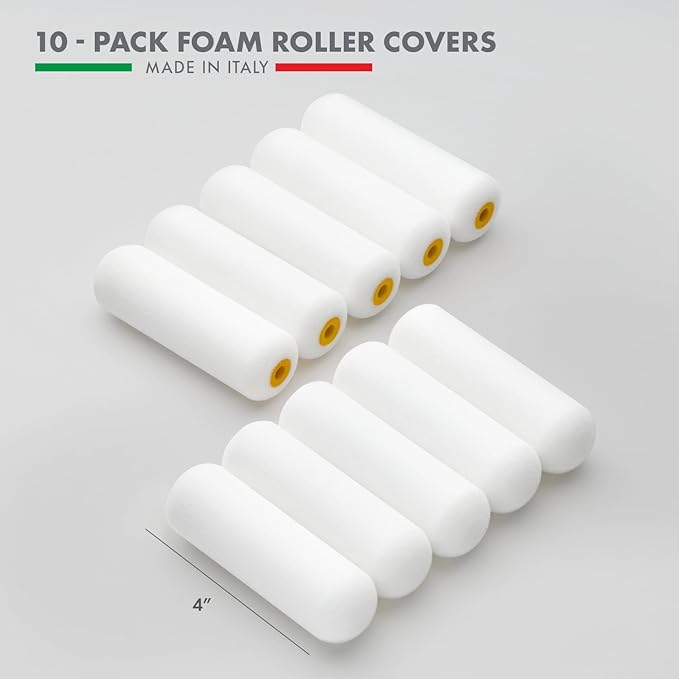 10 - Pack 4 Inches Mini Foam Paint Roller Covers – Made in Italy- High-Density Foam Paint Roller Covers for Professional, Smooth Finish