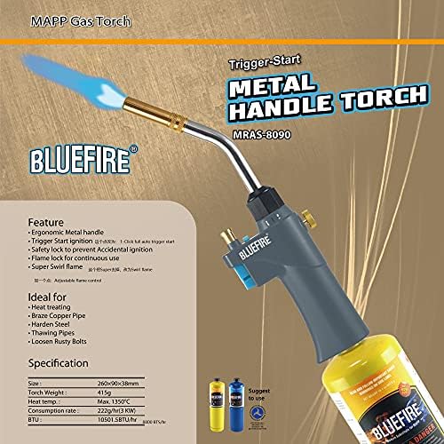 BLUEFIRE BTS-8090 Propane Torch Trigger Start Heavy Duty Gas Welding Head Adjustable Swirl Flame Hand Blow Torch Hold Portable Fuel by MAPP/MAP Pro/Propane Bottle Tank (Torch with MAPP Cylinder)