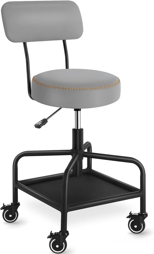 Shop Stool with Lockable Rubber Wheels Adjustable Backrest Tool Tray Storage 400 lb Capacity Rolling Garage Stool (Grey)