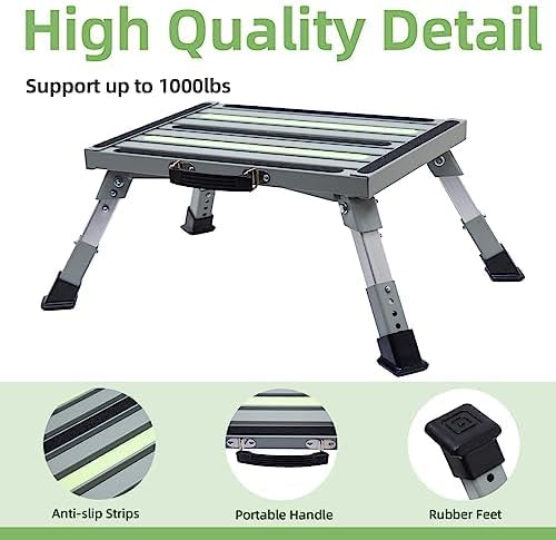 Iron RV Steps, 4-Level Adjustable Folding Step Stool with Non-Slip Rubber Feet, Non-Slip Fluorescent Strip Platform Rv Accessories, Supports Up to 1000 lbs - Gray