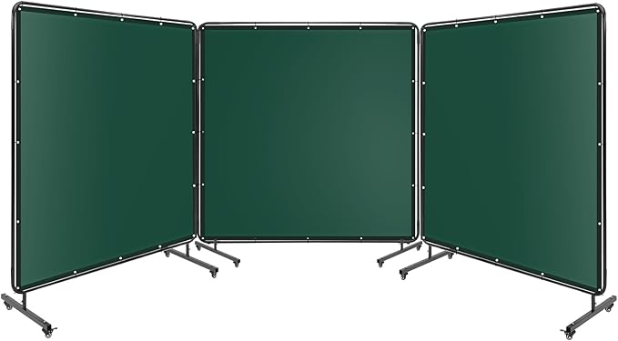 3-Panel 6x6ft Flame-Resistant Welding Screen with Lockable Wheels - Transparent PVC Welding Curtain & Steel Frame, Green Safety Partition for Workshops/Garages