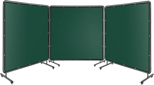 3 Panel 6x6 FT Vinyl Welding Screen with Frame, Flame-Resistant PVC Welding Curtain with Lockable Swivel Wheels, Transparent Welding Screen Panel for Welding Safety, Green