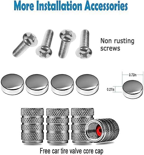 BGGTMO Stainless Steel License Plate Frames- Heavy Duty Metal Car Tag Cover for Front & Rear, 2 Pack Slim Holders with Chrome Screws Caps for Women/Men, Rust/Rattle Proof Pads, Tire Valve Stem Caps