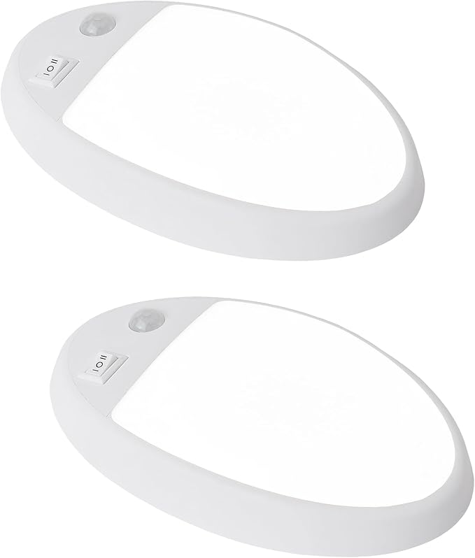 Facon 2Pack 12V DC RV Interior Light with PIR Motion Sensor & 3-Way Switch - Small Oval Pancake Ceiling Dome Light, 6000K Daylight White, ETL Listed for RV, Motorhome, Camper, Boat