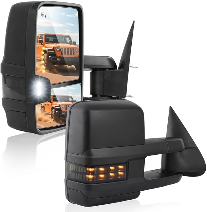 DWVO Towing Mirrors for 2003-2006 Chevy Silverado, Tahoe, Suburban, Avalanche, GMC Sierra, Yukon & Escalade, Heated Mirrors with LED Turn Signal, Telescoping & Folding, Side Marker Light, Black